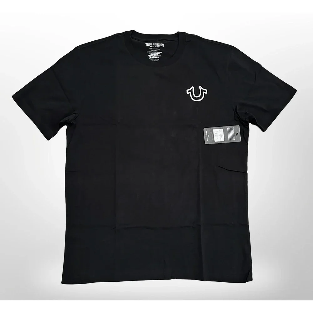 True Religion Shirt Mens XL Jet Black Buddha World Crew Tee Graphic Logo Cotton